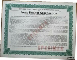 地方金融公社 - インディアナ州マリオン 1940年代 標本の株券/社債券Local FInance Corporation - Marion, IN 1940s SPECIMEN Stock/Bond Certificate