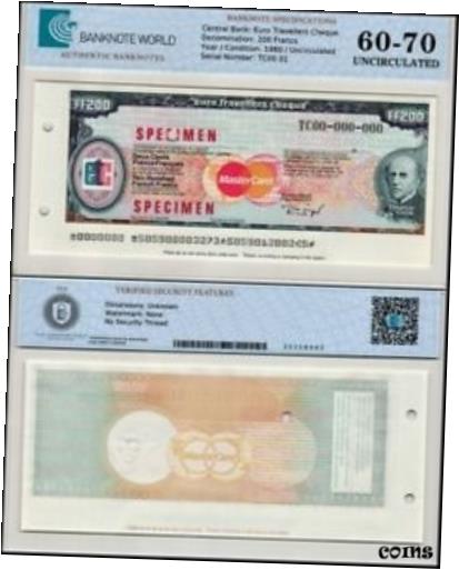  アンティークコイン コイン 金貨 銀貨  France MasterCard Euro Travelers Cheque 200 Francs, 1980, UNC, Specimen, TAP 60-