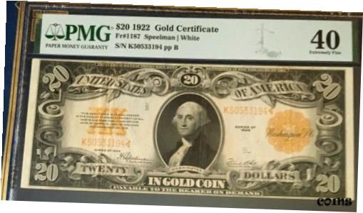 ڶ/ʼݾڽա ƥ    [̵] 1922 $20 GOLD CERTIFICATE PMG40 EXTREMELY FINE, SPEELMAN/WHITE, BEAUTIFUL 3760