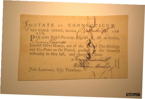  アンティークコイン コイン 金貨 銀貨  Connecticut Pay Table Office ?7 Dec. 26, 1781 Very Fine-Extremely Fine.