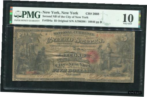 【極美品/品質保証書付】 アンティークコイン 硬貨 1865 $5 THE SECOND NB OF THE CITY OF NEW YORK, NY CH. #2668 PMG VG-10 *UNIQUE* [送料無料] #oof-wr-009411-1312