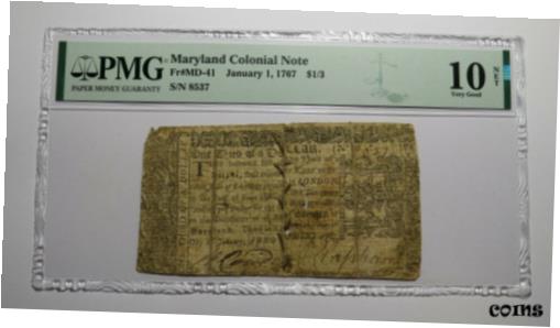 ڶ/ʼݾڽա ƥ    [̵] 1767 $1/3 Maryland MD Colonial Currency Bank Note Bill VG10 PMG Graded RARE!