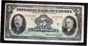 カナダ帝国銀行 1934 年 5 ドル 5 ドルチャーター紙幣、F15Imperial Bank of Canada 1934 $5 Five Dollar Chartered Banknote, F15