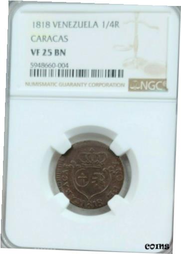 1818 ベネズエラ 1/4 リアル カラカス NGC VF 250 億非常に希少な王党派コイン1818 VENEZUELA 1/4 REAL CARACAS NGC VF 25 BN VERY SCARCE ROYALIST COIN