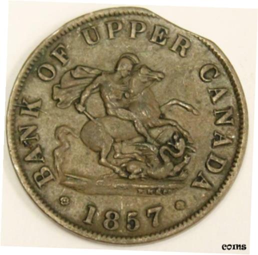 ڶ/ʼݾڽա ƥ    [̵] 1857 Bank of Upper Canada Half Penny token Error curved clip VF25