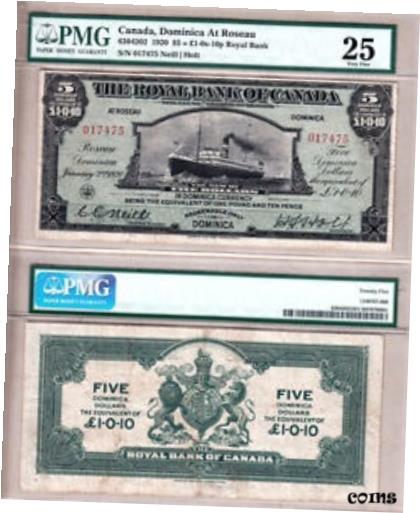 ڶ/ʼݾڽա ƥ Ų Rare Large Exotic Issue 1920 $5 Royal Bank Dominica *Steamship*; PMG VF25! [̵] #oof-wr-009416-2989