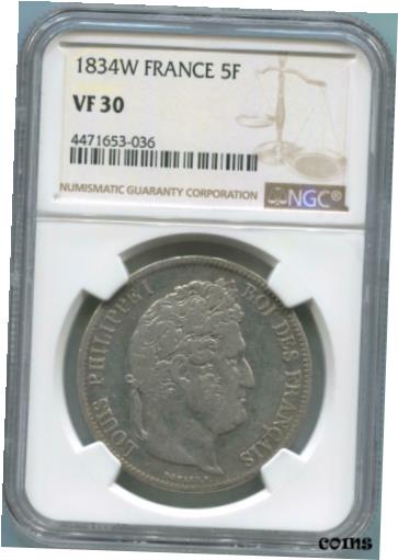 【極美品/品質保証書付】 アンティークコイン コイン 金貨 銀貨 [送料無料] 1834 W France Silver 5 Franc. NGC VF30