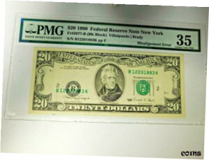 20 ドル 1990 年ニューヨーク連邦準備銀行券 PMG Choice VF35。アライメントエラー FR#20$20 1990 New York Federal Reserve Note PMG Choice VF35; MISALIGNMENT ERROR FR#20