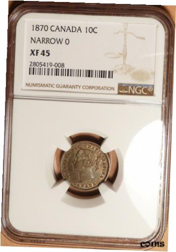  アンティークコイン コイン 金貨 銀貨  1870 Narrow O Canada 10c, NGC graded XF45, Medium Bluish Color Overtones