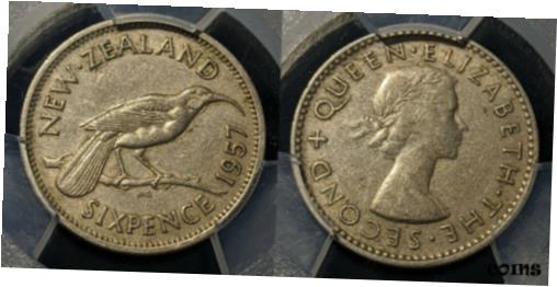 yɔi/iۏ؏tz AeB[NRC RC   [] New Zealand 1957 No Strap Sixpence 6d XF45 PCGS #1186