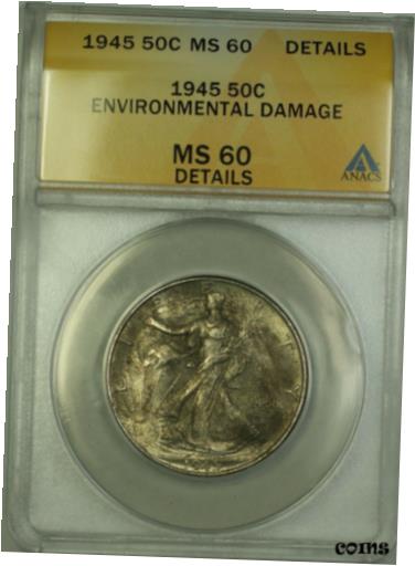 楽天金銀プラチナ　ワールドリソース【極美品/品質保証書付】 アンティークコイン コイン 金貨 銀貨 [送料無料] 1945 Walking Liberty Silver Half Dollar Coin ANACS MS-60 Details Eniv. Damage