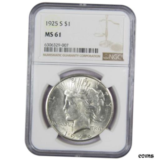 ڶ/ʼݾڽա ƥ    [̵] 1925 S Peace Dollar MS 61 NGC 90% Silver $1 Uncirculated US Coin Collectible