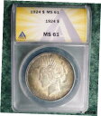  アンティークコイン コイン 金貨 銀貨  1924 ANACS MS 61 Peace Silver Dollar, Silver $1 Coin, Interesting 2-Sided Tone
