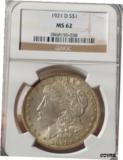 【極美品/品質保証書付】 アンティークコイン コイン 金貨 銀貨 送料無料 1921-D NGC MS62 Morgan Silver Dollar, Good Strike, Light Toning