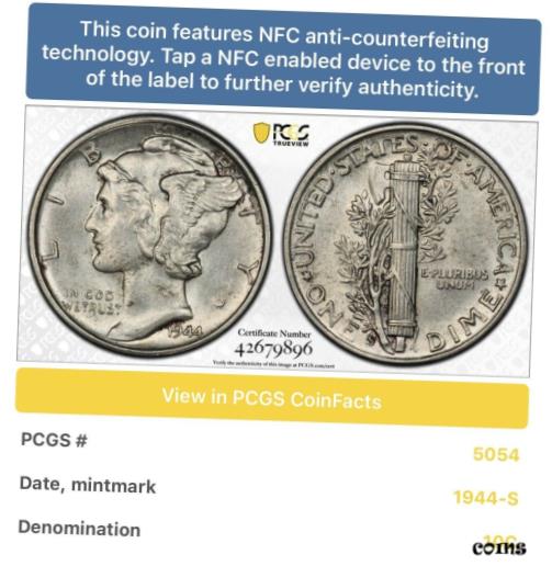  アンティークコイン コイン 金貨 銀貨  1944-S 10C PCGS MS62 Mercury Dime Definite Upgrade Satin Finish A1658