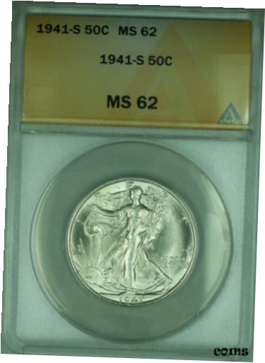 楽天金銀プラチナ　ワールドリソース【極美品/品質保証書付】 アンティークコイン コイン 金貨 銀貨 [送料無料] 1941-S Walking Liberty Silver Half Dollar 50c Coin ANACS MS-62