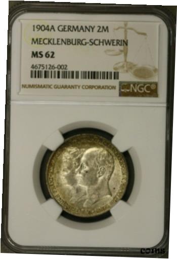  アンティークコイン コイン 金貨 銀貨  Germany Mecklenburg-Schwerin Silver 2 Mark 1904-A NGC MS62 S121