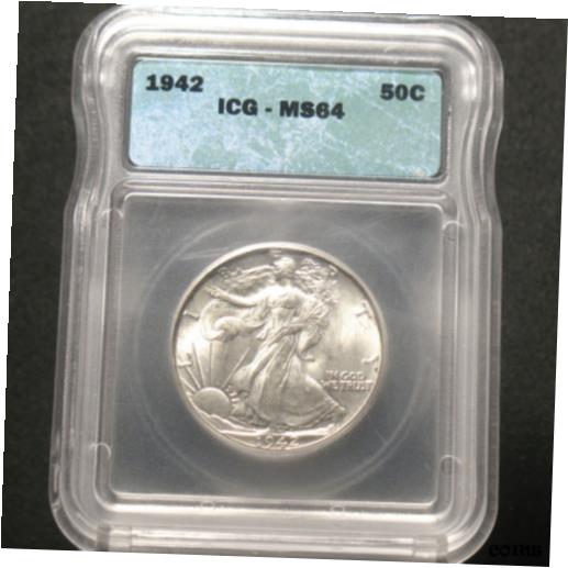 楽天金銀プラチナ　ワールドリソース【極美品/品質保証書付】 アンティークコイン コイン 金貨 銀貨 [送料無料] 1942 U.S. Silver Walking Liberty Half Dollar 50c ICG MS64 90％ Silver