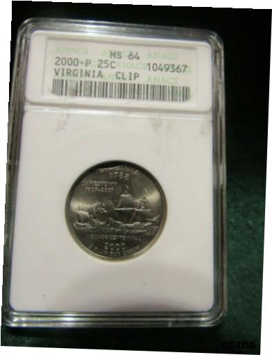 yɔi/iۏ؏tz AeB[NRC RC   [] U.S. 2000-P 25C VIRGINIA QUARTER CLIP ERROR ANACS MS64 RARE!!!