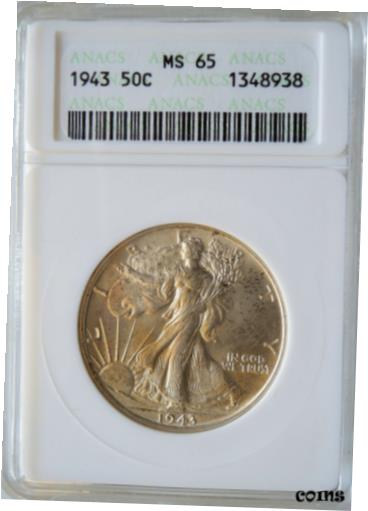 楽天金銀プラチナ　ワールドリソース【極美品/品質保証書付】 アンティークコイン コイン 金貨 銀貨 [送料無料] 1943 ANACS MS65 Certified Walking Liberty Half Dollar Silver 50 Cent Coin c 093