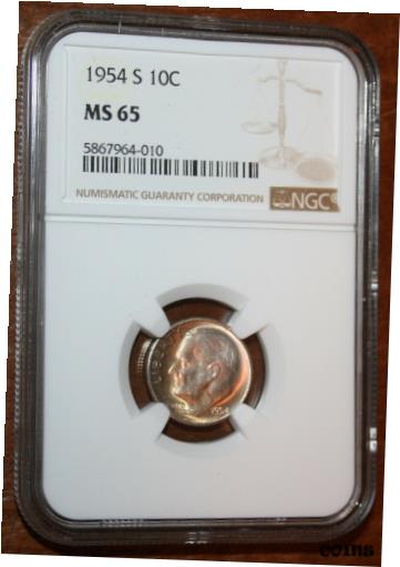 ڶ/ʼݾڽա ƥ    [̵] USA 1954S Roosevelt Silver Dime NGC Graded MS 65 Nicely Toned Gem Coin