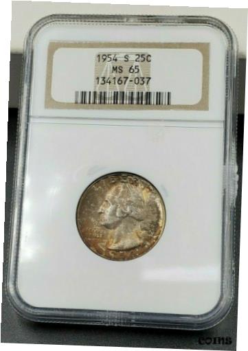 yɔi/iۏ؏tz AeB[NRC RC   [] 1954 S Washington Silver Quarter Coin NGC MS65 PQ Amber Toned Obverse