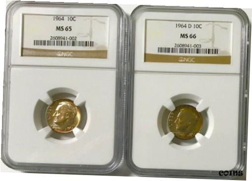  アンティークコイン コイン 金貨 銀貨  1964P & 1964D Gold & Russet Toned Dimes - NGC Graded MS65 & MS-66 - BEAUTIES!!!!