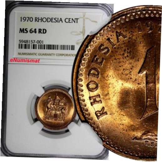 【極美品/品質保証書付】 アンティークコイン コイン 金貨 銀貨 送料無料 RHODESIA Bronze 1970 1 Cent NGC MS65 RD NICE RED TONING KM 10 (001)