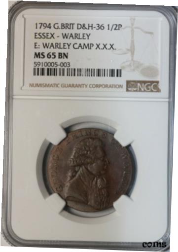  アンティークコイン コイン 金貨 銀貨  Great Britain 1794 Essex Warley Halfpenny Conder Token D&H-36 NGC MS65 Brown