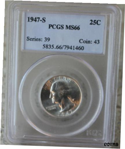 【極美品/品質保証書付】 アンティークコイン コイン 金貨 銀貨 [送料無料] 1947 S Silver Washington Quarter 25c US Coin Certified PCGS MS66 Uncirculated