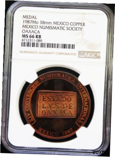 ڶ/ʼݾڽա ƥ    [̵] Mexico 1 oz Copper 1987 XIV International Numismatic Convention NGC MS66 RB Rare