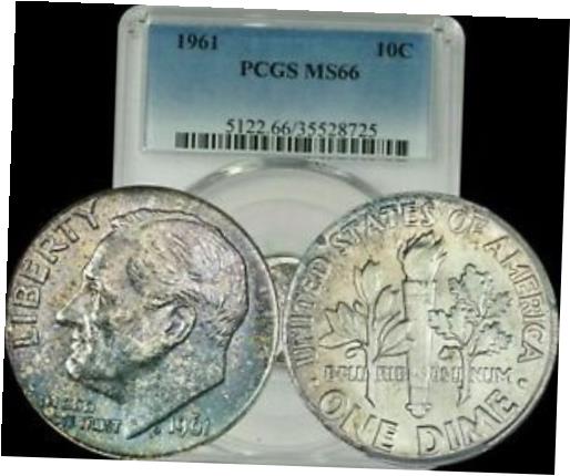 【極美品/品質保証書付】 アンティークコイン コイン 金貨 銀貨 [送料無料] 1961 Roosevelt Dime PCGS MS66 Light Brown/Blue/Yellow Toned Coin SILVER