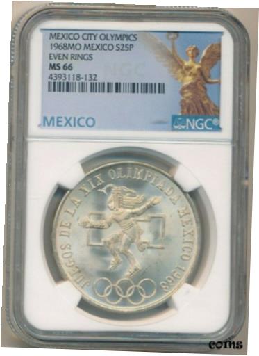 【極美品/品質保証書付】 アンティークコイン コイン 金貨 銀貨 送料無料 1968 MEXICO CITY OLYMPICS SILVER 25 PESOS-EVEN RINGS-NGC GRADED MS66-SHIPS FREE