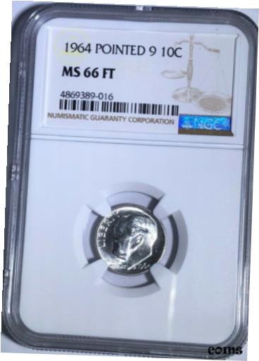 【極美品/品質保証書付】 アンティークコイン コイン 金貨 銀貨 [送料無料] 1964 P NGC MS66 FT SILVER ROOSEVELT DIME POINTED 9 10C 90% SILVER FULL TORCH