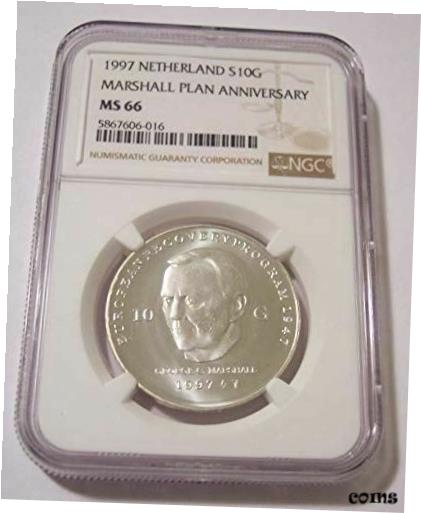 【極美品/品質保証書付】 アンティークコイン コイン 金貨 銀貨 [送料無料] Netherlands Beatrix 1997 Silver 10 Gulden Marshall Plan Anniversary MS66 NGC