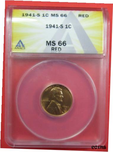  アンティークコイン コイン 金貨 銀貨  1941-S 1c ANACS MS66 Red. Bright red surfaces. (1021060)