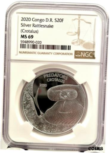  アンティークコイン コイン 金貨 銀貨  2020 Congo 20 Francs Predators Rattlesnake 1 oz 999 Silver Coin - NGC MS 69