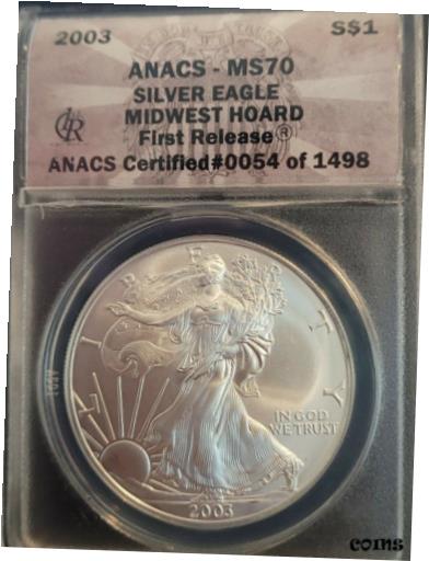 yɔi/iۏ؏tz AeB[NRC RC   [] 2003 ANACS MIDWEST HOARD FIRST RELEASES #54 MS70 American Silver Eagle S$1