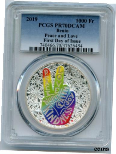 【極美品/品質保証書付】 アンティークコイン コイン 金貨 銀貨 [送料無料] 2019 Benin Peace & Love Cannabis Sativa 1 Oz Silver Proof PCGS PR70 Coin - JM974