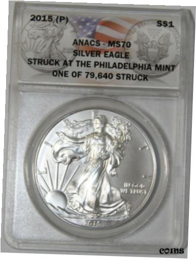 【極美品/品質保証書付】 アンティークコイン 銀貨 2015-(P) American Silver Eagle MS70 ANACS (Struck at Philadelphia) [送料無料] #sof-wr-009973-1729