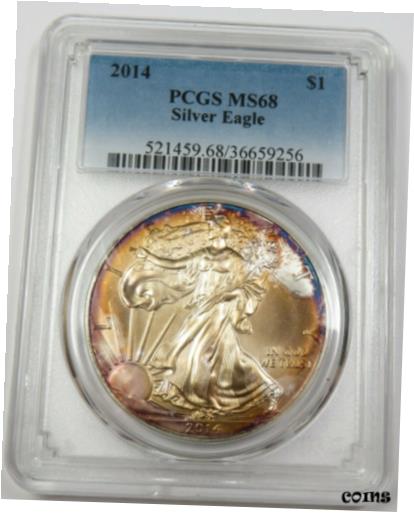 【極美品/品質保証書付】 アンティークコイン コイン 金貨 銀貨 [送料無料] 2014 PCGS MS68 Purple Orange Toned Silver Eagle $1 US Coin Item #29903B