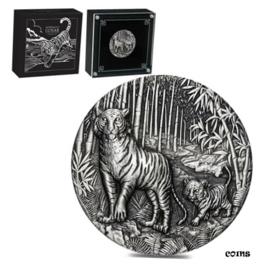 【極美品/品質保証書付】 アンティークコイン コイン 金貨 銀貨 [送料無料] 2022 2 oz Antiqued Silver Lunar Year of The Tiger Australian Perth Mint (w/Box &