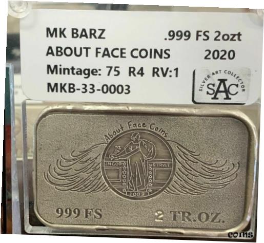 楽天金銀プラチナ　ワールドリソース【極美品/品質保証書付】 アンティークコイン コイン 金貨 銀貨 [送料無料] About Face Coins, MK Barz Struck by MK Barz 2 Ounce Silver AFC Art Bar