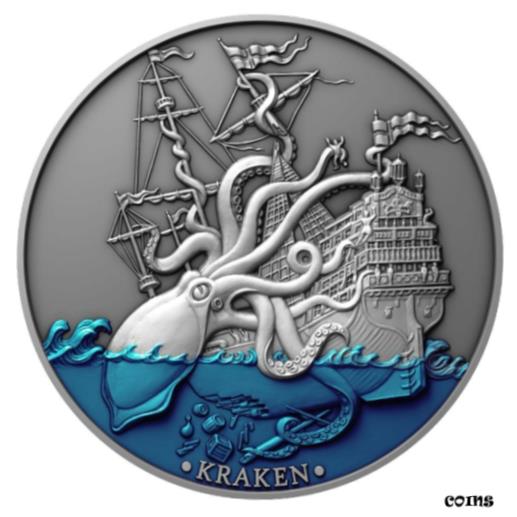 【極美品/品質保証書付】 アンティークコイン コイン 金貨 銀貨 送料無料 2021 Niue Mythical Creatures Sea Beast Kraken 2 oz UHR .999 Silver Coin