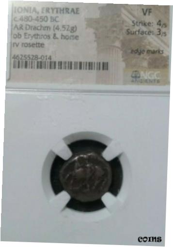 ڶ/ʼݾڽա ƥ    [̵] Ionia Erythrae 480-450 BC . Silver Drachm. Erythros on horse Rose. NGC VF Rare