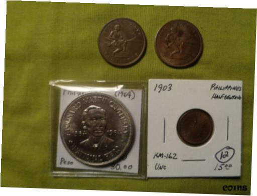  アンティークコイン コイン 金貨 銀貨  phillipines lot,1903 half centavo,1908-s centavo unc,1914-s centavo au,1964 peso