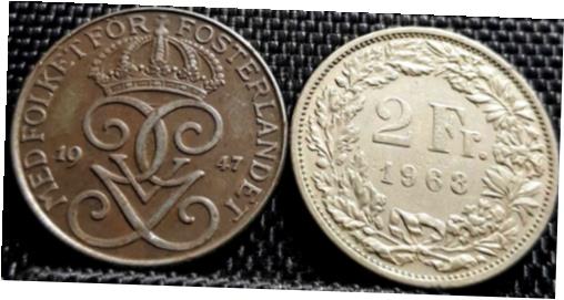 ڶ/ʼݾڽա ƥ    [̵] 1947 Sweden 5 Ore &1968 2 Franc coin,2pcs VF (plus FREE 1 coin) #D3276