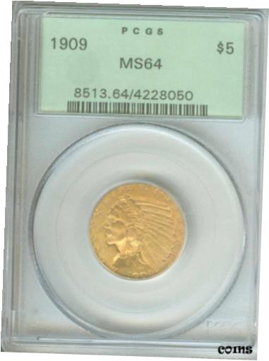 【極美品/品質保証書付】 アンティークコイン 金貨 1909-P $5 GOLD INDIAN HALF EAGLE PCGS MS64 MS-64 Old Green Holder OGH ! [送料無料] #got-wr-010175-3212