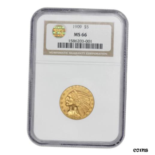 【極美品/品質保証書付】 アンティークコイン 金貨 1909 $5 Indian Head NGC MS66 PQ Approved gem graded Gold Half Eagle coin [送料無料] #gct-wr-010175-3313