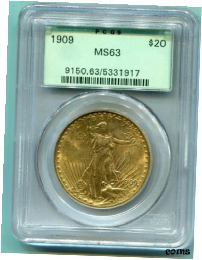 【極美品/品質保証書付】 アンティークコイン 硬貨 1909 (1909-P) $20 ST GAUDENS Double Eagle PCGS MS63 SAINT OLD GREEN HOLDER OGH [送料無料] #oot-wr-010175-4039